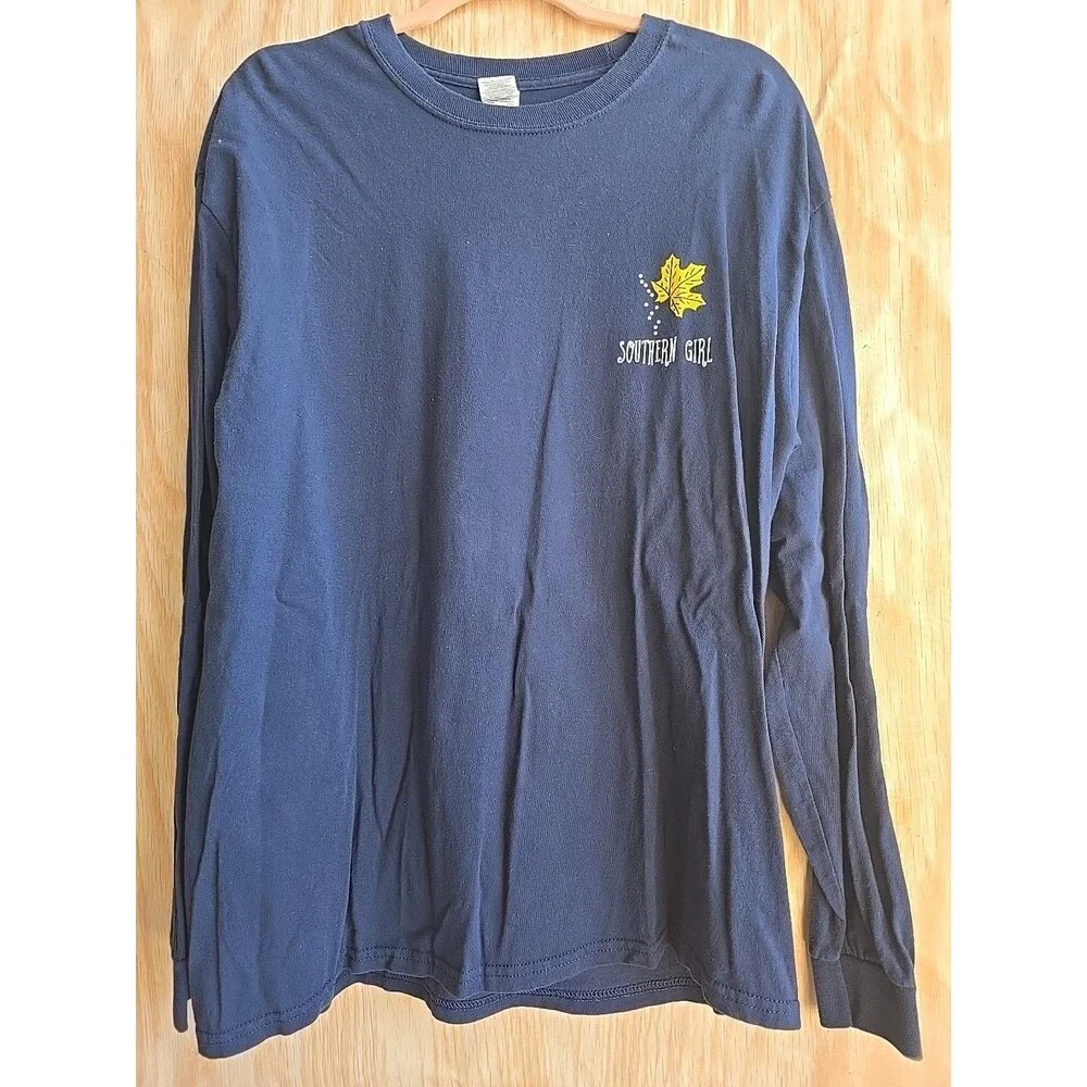 SOUTHERN GIRL Women's HELLO FALL PUMPKIN TRUCK LONG SLEEVE SHIRT LARGE NAVY BLUE - Picture 4 of 10